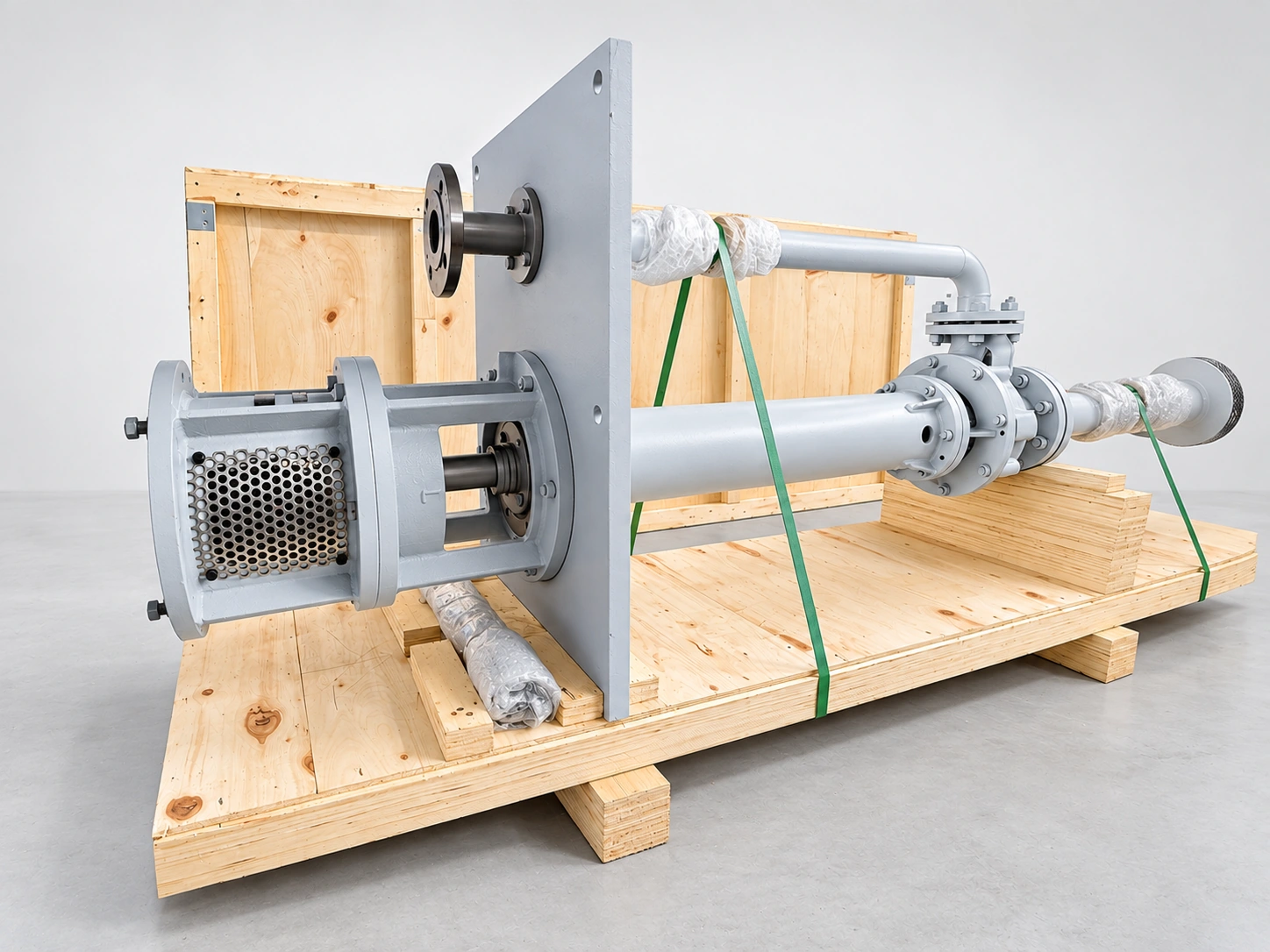 مضخة طويلة العمود الحامل مع أنبوب تصريف منفصل على دعامات نقل خشبية.